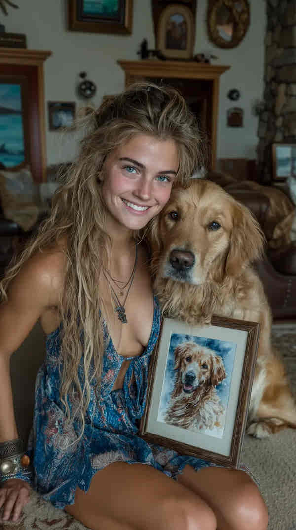 A woman holding a custom pet picture of a dog in a living room with a golden retriever.