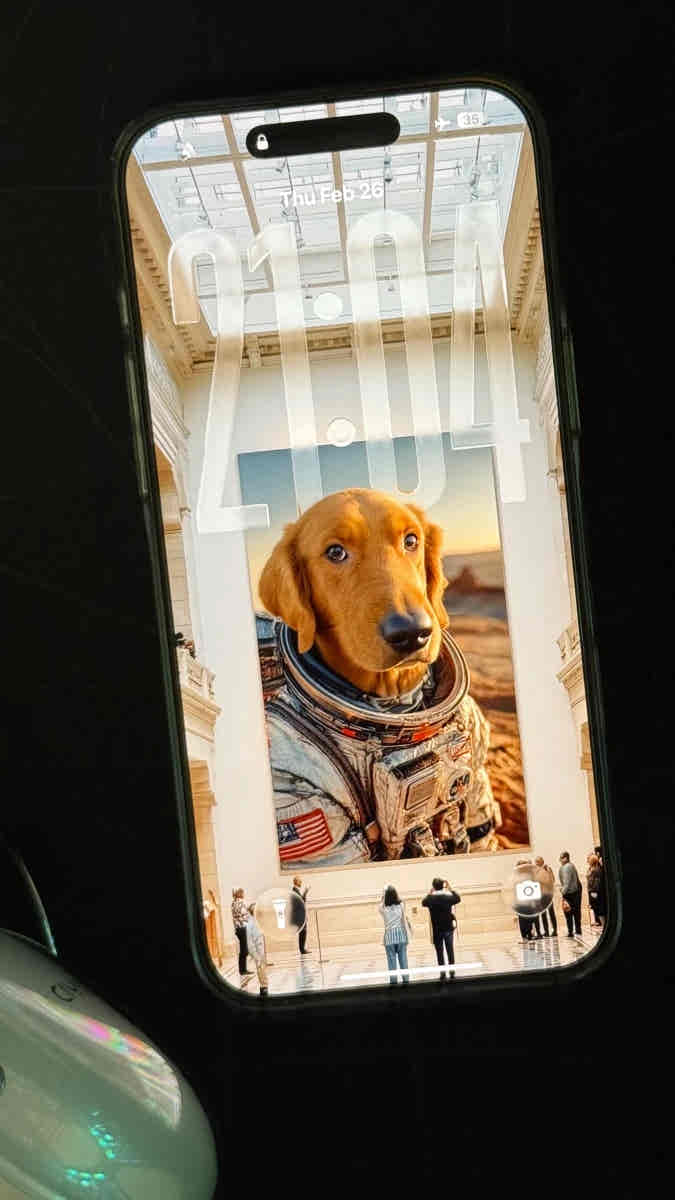 iPhone displaying a custom wallpaper of a dog in an astronaut suit with a building in the background