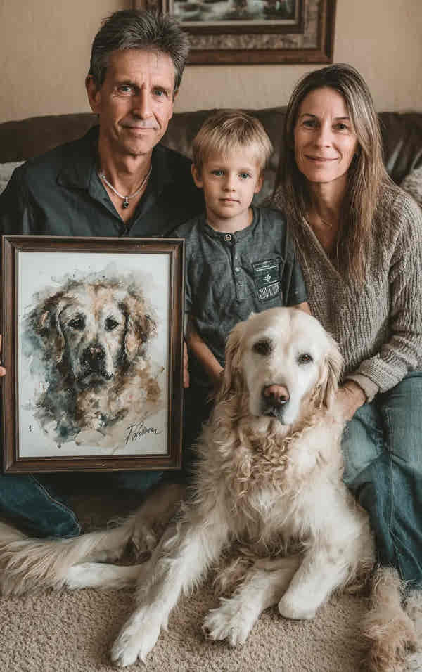 Family with a dog holding a framed portrait of a dog on a couch.