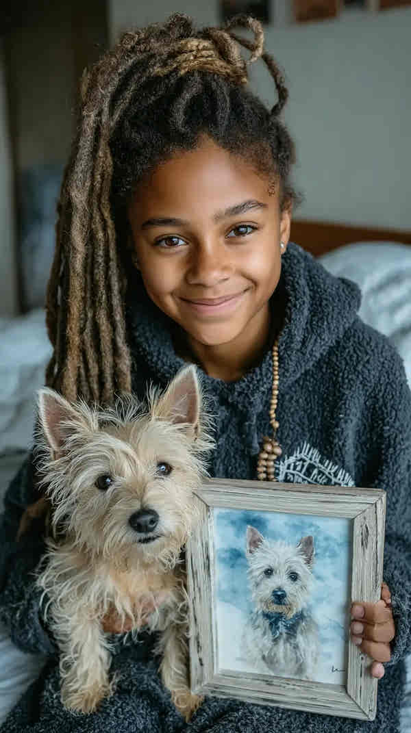 A girl holding a dog and a framed picture of a dog indoors