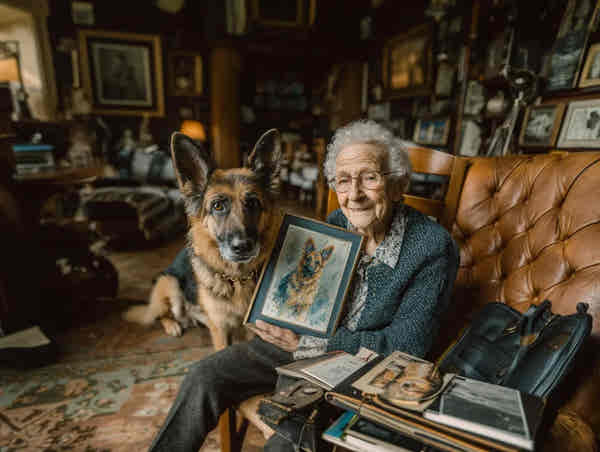 An old woman holding a framed portrait of a dog in a cozy room with a dog sitting next to her.