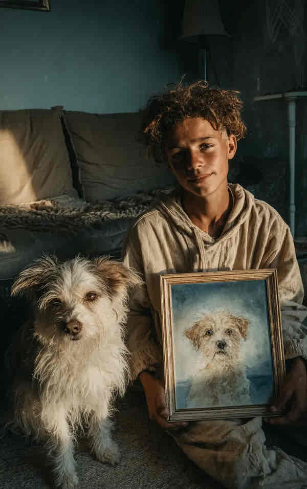 Person holding a framed portrait of a dog next to a real dog on a couch.