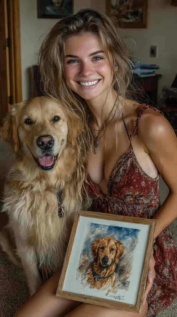 Woman holding a framed portrait of a dog next to a real golden retriever.